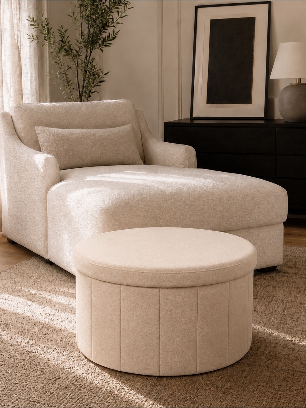 Round Shoe Storage Ottoman | Cream Velvet Hidden Organizer Seat | 250lb Capacity - Picture 5 of 8